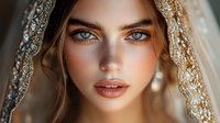 Young bride with striking blue eyes wearing delicate lace veil and pearl earrings, soft natural makeup and nude lipstick against blurred background.