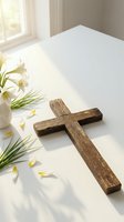 Rustic wooden cross with white Easter lilies and scattered petals on white surface in soft natural light for religious holiday celebration and spiritual themes.
