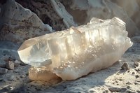 Large transparent quartz crystal formation with natural geometric facets resting on rocky ground in warm sunlight for geology and mineral collection themes.