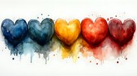 Watercolor hearts in rainbow gradient from blue to red with dripping paint effect and splatter texture on white background, artistic love concept for valentines design.