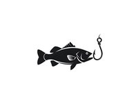 Black silhouette of bass fish with fishing hook isolated on white background for angling and fishing designs.