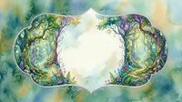 Watercolor fantasy forest frame with mystical trees, flowers and vines creating ornate border on textured background for magical designs.