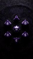 Purple polyhedral dice set with white numerals arranged in circle on dark glittery surface for tabletop gaming and role-playing campaigns.