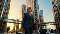 Confident businesswoman in dark blazer standing on urban street surrounded by tall skyscrapers during golden hour sunset, suitable for corporate and professional business concepts.