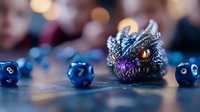 Fantasy dragon head with glowing orange eye surrounded by blue gaming dice on wooden surface against blurred warm background with bokeh lights.