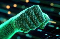 Digital fist made of binary code emerging against dark background with glowing green cybersecurity visualization, representing digital power and technology.