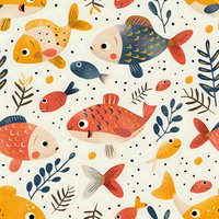 Playful fish pattern in coral, navy and yellow tones with decorative leaves and dots creates seamless repeat design for fabric, wallpaper and children decor.