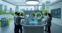 Business team analyzing holographic data visualization in modern conference room with city skyline view and futuristic technology interface.