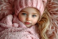 Close up portrait of young Caucasian girl with bright blue eyes wearing pink knitted winter hat and cozy sweater, lying on soft textured background. Natural daylight.
