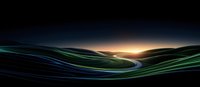 Abstract panoramic landscape with glowing neon curves flowing through dark hills against illuminated horizon, creating futuristic minimalist composition.