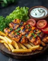 Grilled chicken breast with golden french fries, fresh vegetables and creamy sauce on wooden board for restaurant menu and food photography.