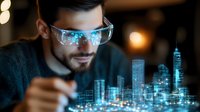 Young bearded Caucasian man in smart glasses interacting with holographic city skyline projection, representing future technology and augmented reality interface.