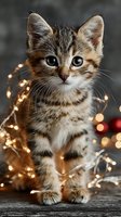 Adorable tabby kitten with blue eyes surrounded by warm golden fairy lights creating magical holiday atmosphere for festive greeting cards and seasonal campaigns.