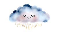 Cute watercolor cloud with sleepy face and golden raindrops on white background. Nursery decor, baby shower invitation, children book illustration.