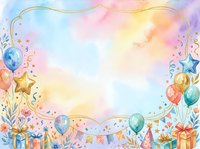 Watercolor celebration background with colorful balloons, gift boxes, stars, and festive decorations on isolated white space. Perfect for party invitations, greeting cards, and event designs.