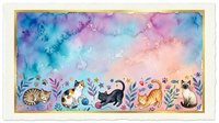 Watercolor cats playing with yarn and flowers on dreamy pastel background with gold border, copy space for greeting cards and stationery.