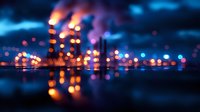Blurred city lights reflecting on water surface at night with vibrant orange and blue bokeh effect creating dreamy urban landscape atmosphere.