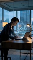 Asian businesswoman analyzing financial data on laptop with holographic charts in modern office at night for strategic planning and growth analysis.