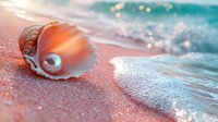 Open seashell with pearl on pink sandy beach at sunset, gentle ocean waves washing ashore, dreamy coral-tinted lighting creates magical coastal atmosphere.