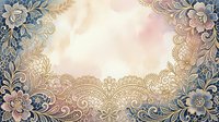 Ornate floral frame with intricate lace patterns and watercolor washes in soft pastels, featuring decorative botanical elements and gold accents for wedding invitations and elegant design projects.