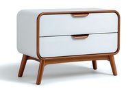 Modern white nightstand with wooden legs and trim features two smooth drawers and rounded corners, showcasing minimalist Scandinavian design style for contemporary bedroom decor.