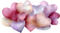 Romantic pastel hearts in pink, purple and peach colors with delicate glitter texture create dreamy composition on white background, isolated for design projects.
