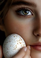 Close-up portrait of woman with green eyes holding speckled white egg near face, soft natural lighting creates intimate mood for Easter or spring season concept.
