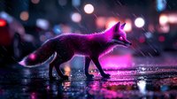 Red fox silhouette walking in rain at night with neon pink and purple city lights creating magical urban wildlife atmosphere, reflections on wet pavement.