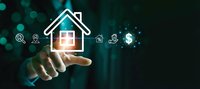 Smart home technology concept with hand presenting house icon and connected IoT symbols on dark digital background for modern living solutions.