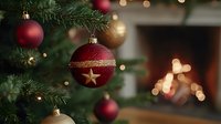 Red and gold Christmas ornament balls hanging on green pine tree branches with warm fireplace bokeh lights creating cozy holiday atmosphere.