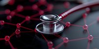 Medical stethoscope on dark surface with glowing red molecular structure network, representing healthcare technology and scientific innovation in medicine.