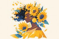 Young African American woman with natural hair adorned with vibrant sunflowers, wearing yellow dress, artistic illustration in warm tones against light background.