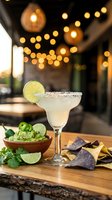 Margarita cocktail with lime slice and salt rim served on wooden table with guacamole, tortilla chips, and string lights in background for bar and restaurant concepts.