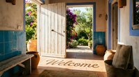 Rustic Mediterranean entrance with open wooden door, welcome mat, blue tiles, and lush garden view bathed in warm sunlight.