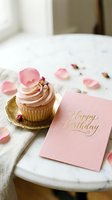 Pink cupcake with rose petal topping beside a gold script Happy Birthday card on marble table with scattered petals.