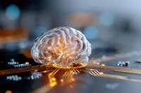 Glowing brain model on circuit board with orange light effects and neural connections, representing artificial intelligence and machine learning technology.