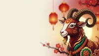 Chinese New Year goat ram with ornate decorations and red lanterns on warm background for zodiac celebration and festive greeting cards.