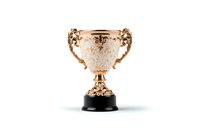 Ornate rose gold trophy cup with intricate baroque details and black base on white background, isolated luxury award symbol for achievement and victory.