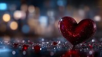Red glittery heart on reflective surface with bokeh lights background creates romantic atmosphere. Suitable for Valentine's Day cards and love-themed designs.