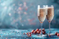 Two elegant champagne flutes filled with sparkling wine against blurred turquoise background with scattered red berries and festive bokeh lights creating romantic mood.