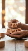 Hands protecting wooden blocks with business icons symbolizing human resources management and corporate strategy planning for organizational development.