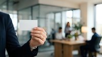 Young professional male in dark business suit holding blank white business card in modern office environment with colleagues and glass partitions in background.