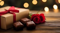 Romantic composition with chocolate pralines, gift box with red ribbon and red rose on wooden table against blurred bokeh lights background.