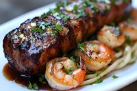 Grilled pork tenderloin with seared jumbo shrimp, garnished with fresh herbs and glazed in savory sauce, served on white plate, close up view of gourmet meal.