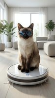 Siamese cat wearing sunglasses sitting on robotic vacuum cleaner in modern living room with plants and natural light for smart home technology concepts.