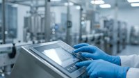 Scientist in blue gloves operating touchscreen control panel in modern pharmaceutical manufacturing facility with stainless steel equipment background.