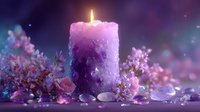 Glowing purple candle surrounded by delicate flowers, crystals, and pebbles against mystical bokeh background for spiritual and meditation practices.
