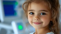 Young blonde girl with blue eyes smiling in medical setting with blurred hospital equipment background for healthcare and pediatric concepts.