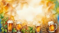Watercolor beer glasses and mugs with hops and wheat on a warm textured background, copy space for Oktoberfest or brewery designs.
