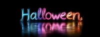 Glowing neon Halloween text with colorful gradient reflection on dark surface creates spooky festive atmosphere for holiday season designs and promotions.